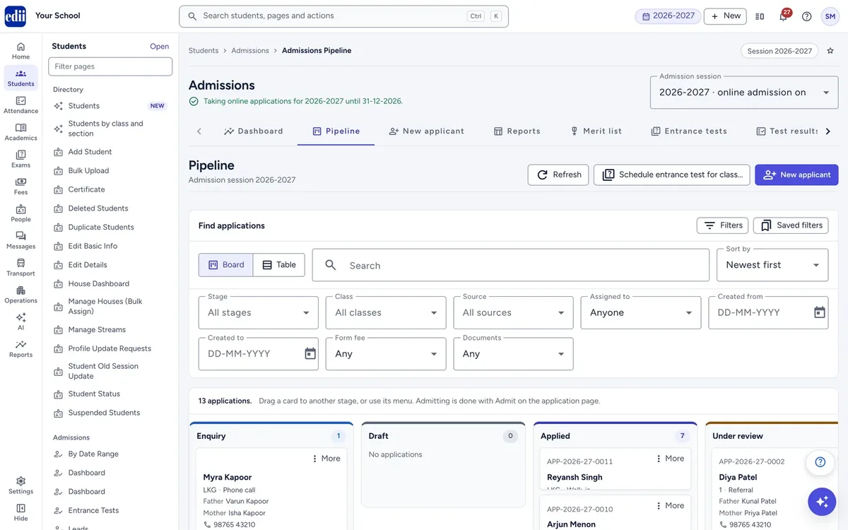 EDII Admissions pipeline: applications as cards in columns by stage