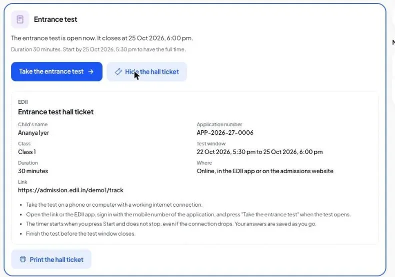 An entrance test hall ticket: child, class, date, window and the link to the test