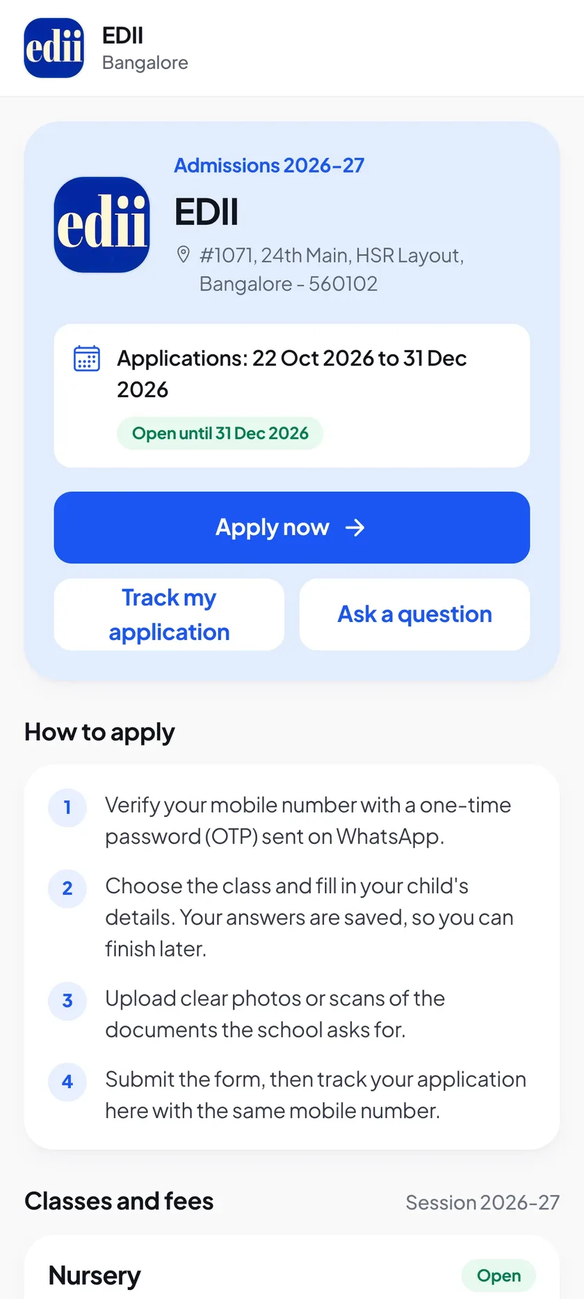 A school's admission page on a phone: classes open, seats and dates