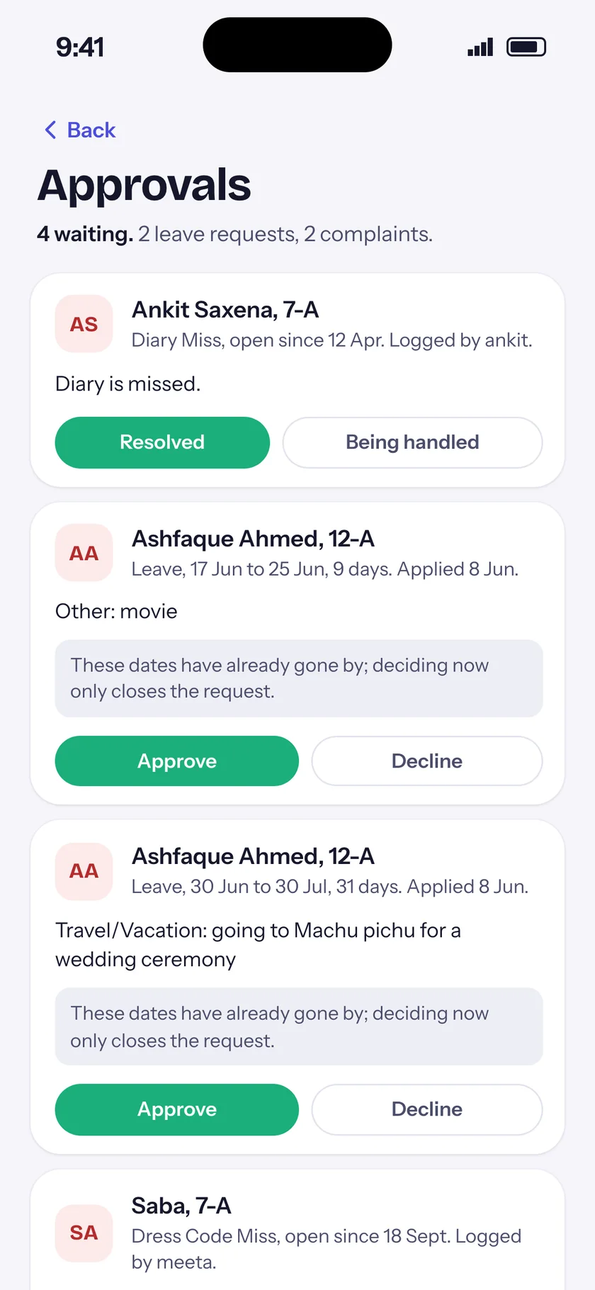 Approvals inbox with leave requests and complaints, each with Approve and Decline buttons