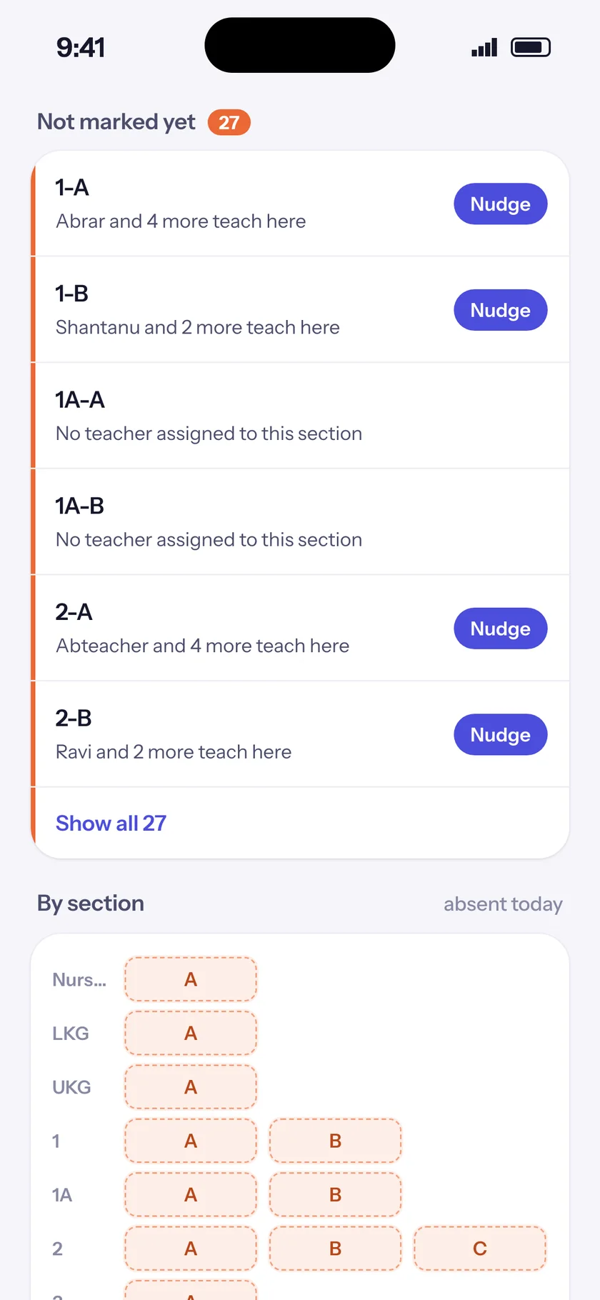 EDII Admin app: sections whose attendance is not marked yet, with Nudge