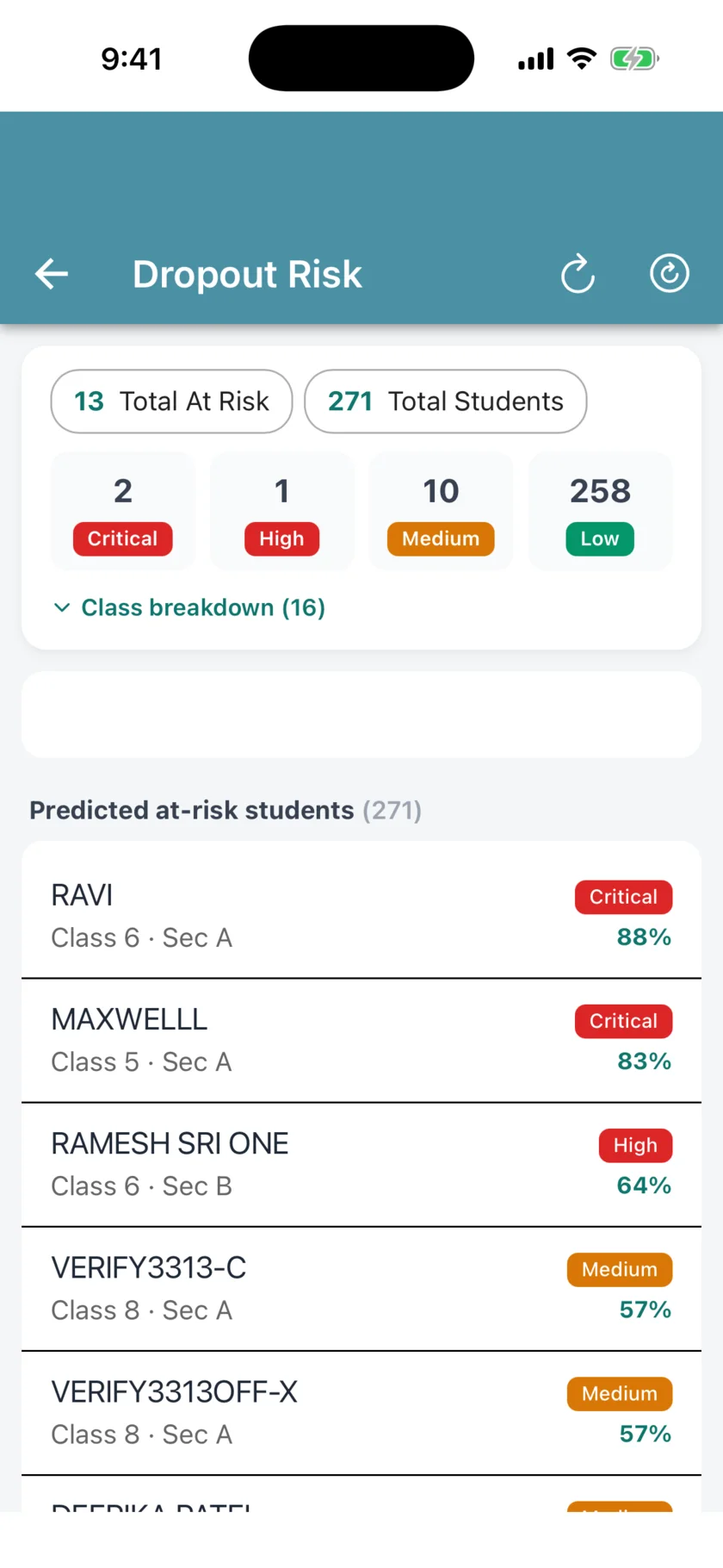 EdiiAdmin app: dropout radar listing students at risk
