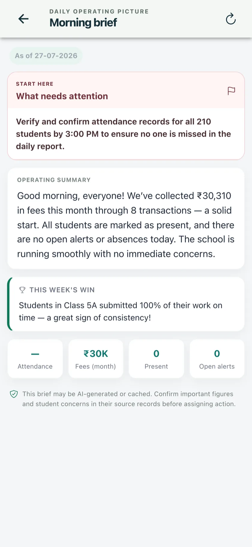 AI morning brief in the admin app