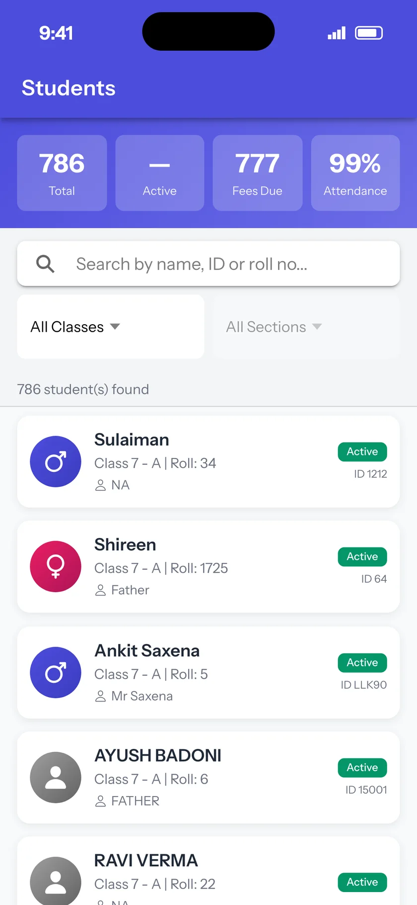 Student list with search and class filters