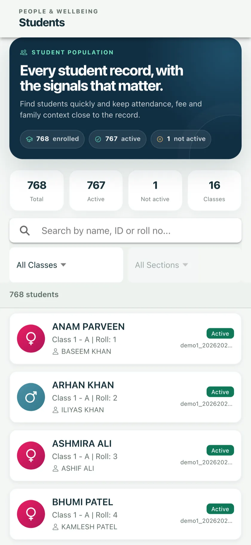 Student directory in the admin app