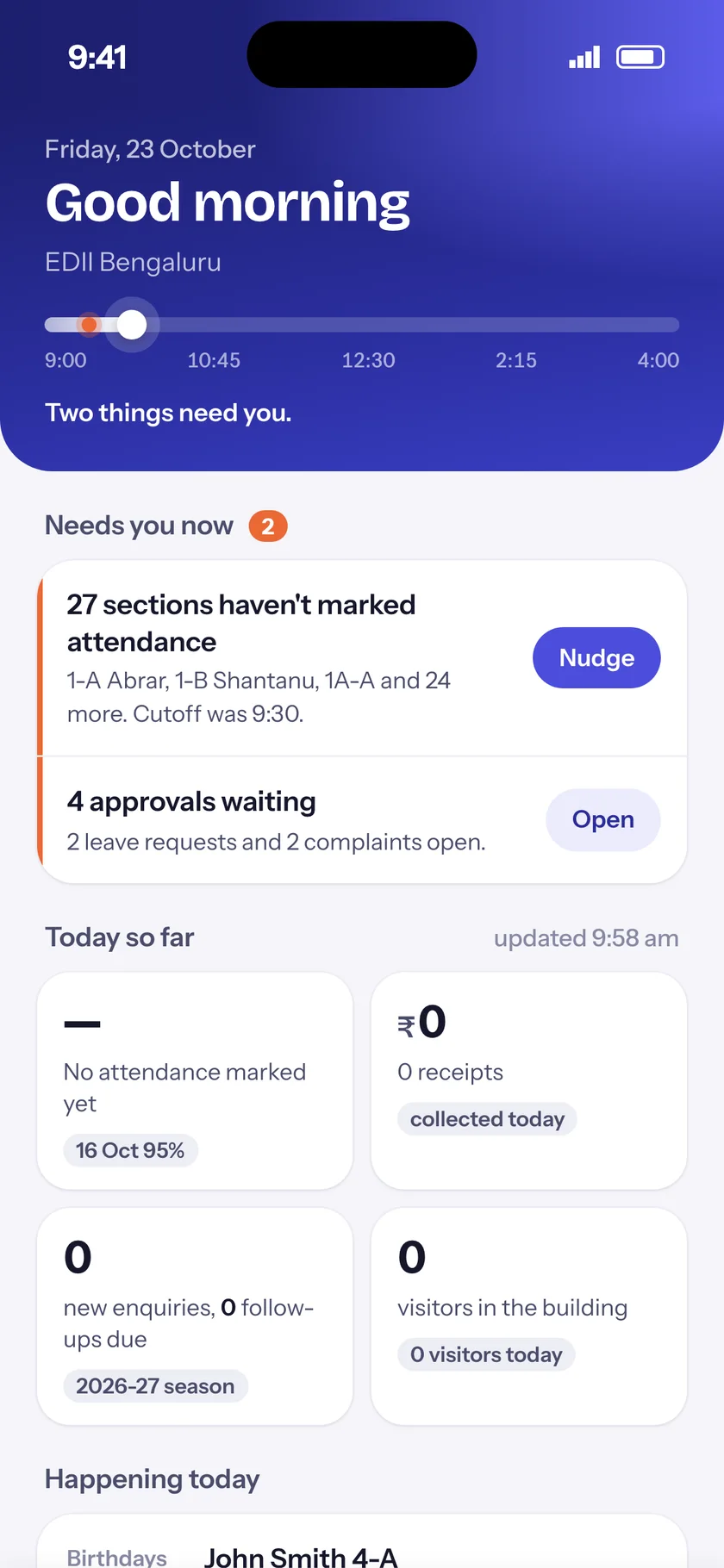 EDII Admin app — Today: what needs you now and how the school day is going