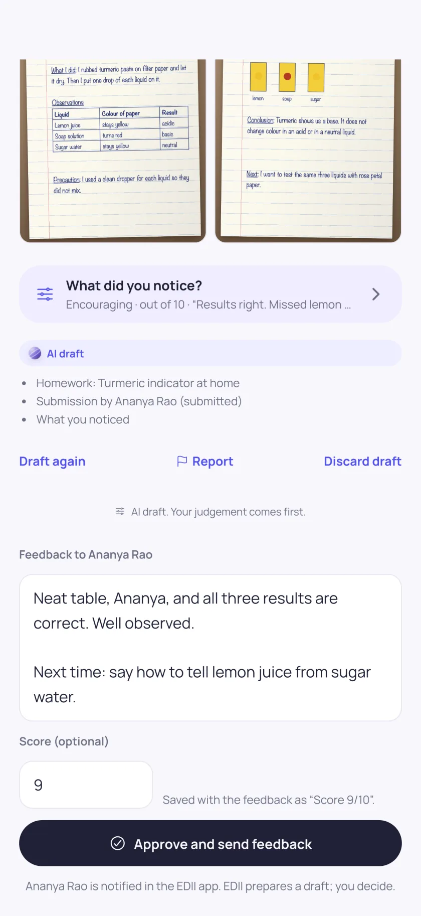 Homework review with an AI draft of the feedback, the sources it used and an Approve and send feedback button