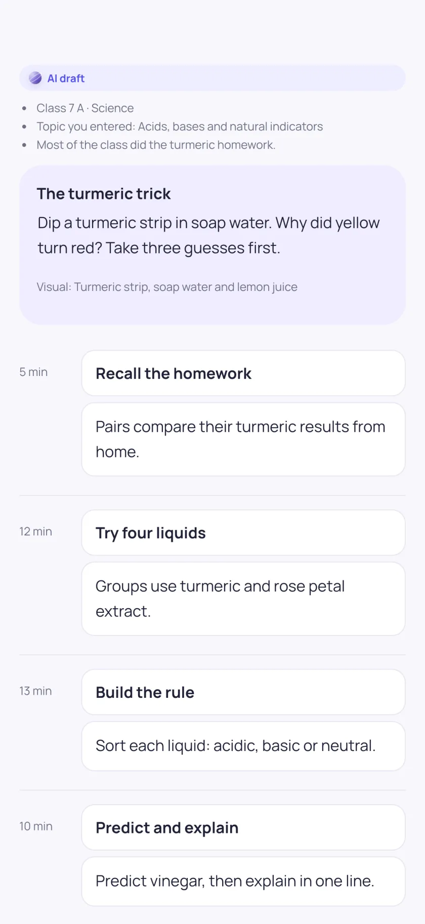 Lesson studio AI draft: a 40-minute plan built on the class’s own homework