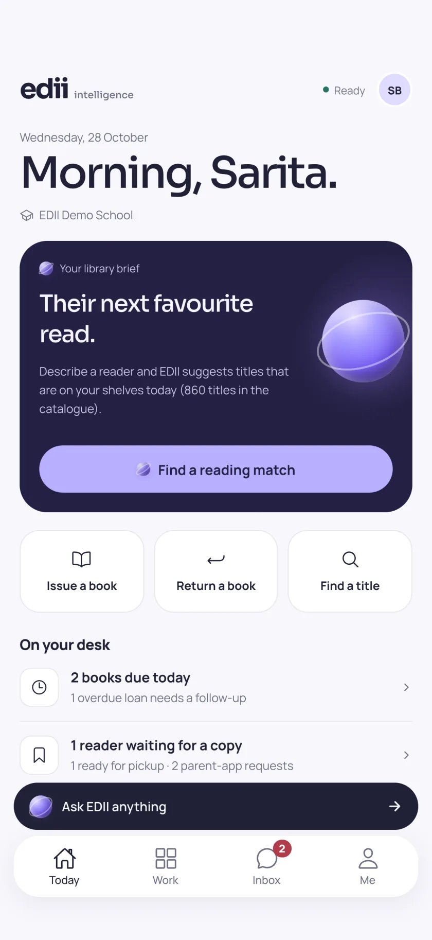 Library Today screen: issue, return and find a title, books due today and a reader waiting for a copy