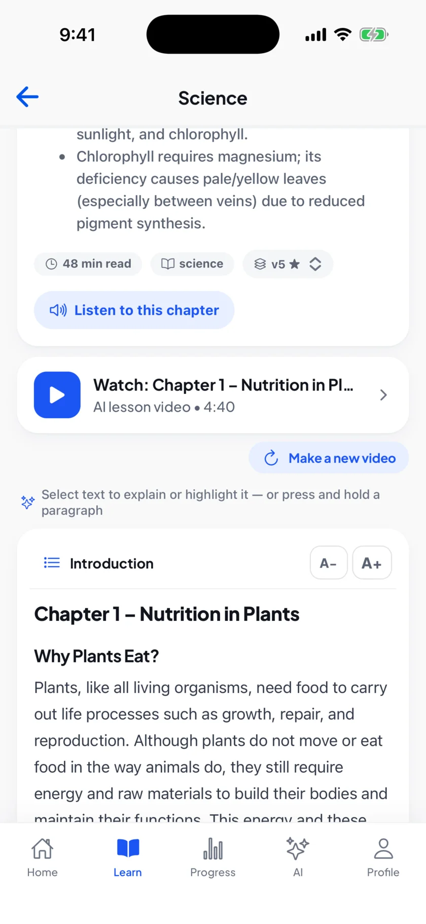 EDII Student app: the AI video lesson for a chapter
