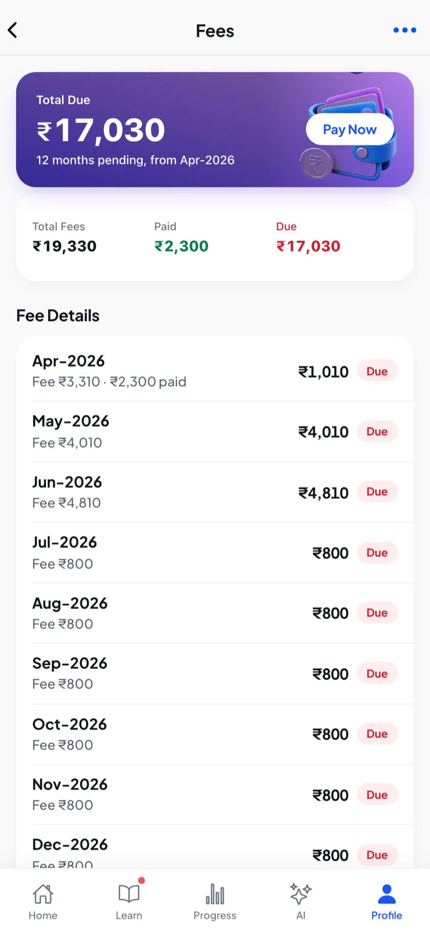 Fees screen with month-wise dues