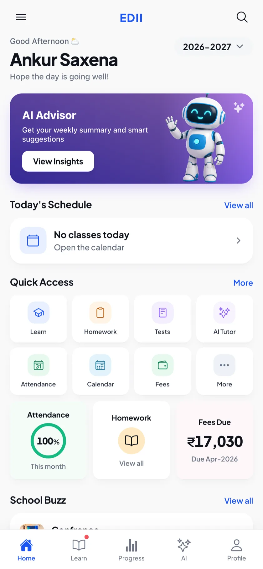 EDII Student app — home with the AI advisor