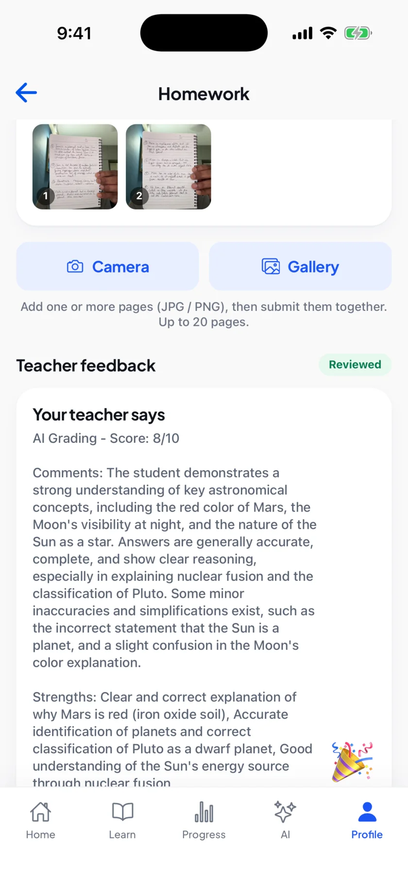 EDII Student app: AI feedback on submitted homework