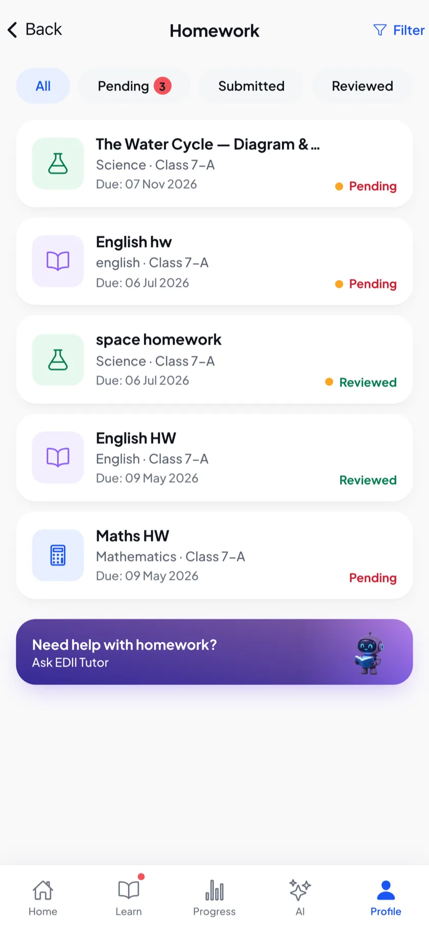 Homework list with submission status