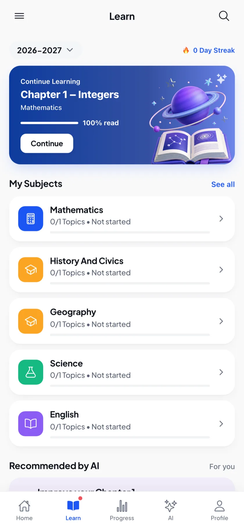 Learn tab with AI-recommended chapters