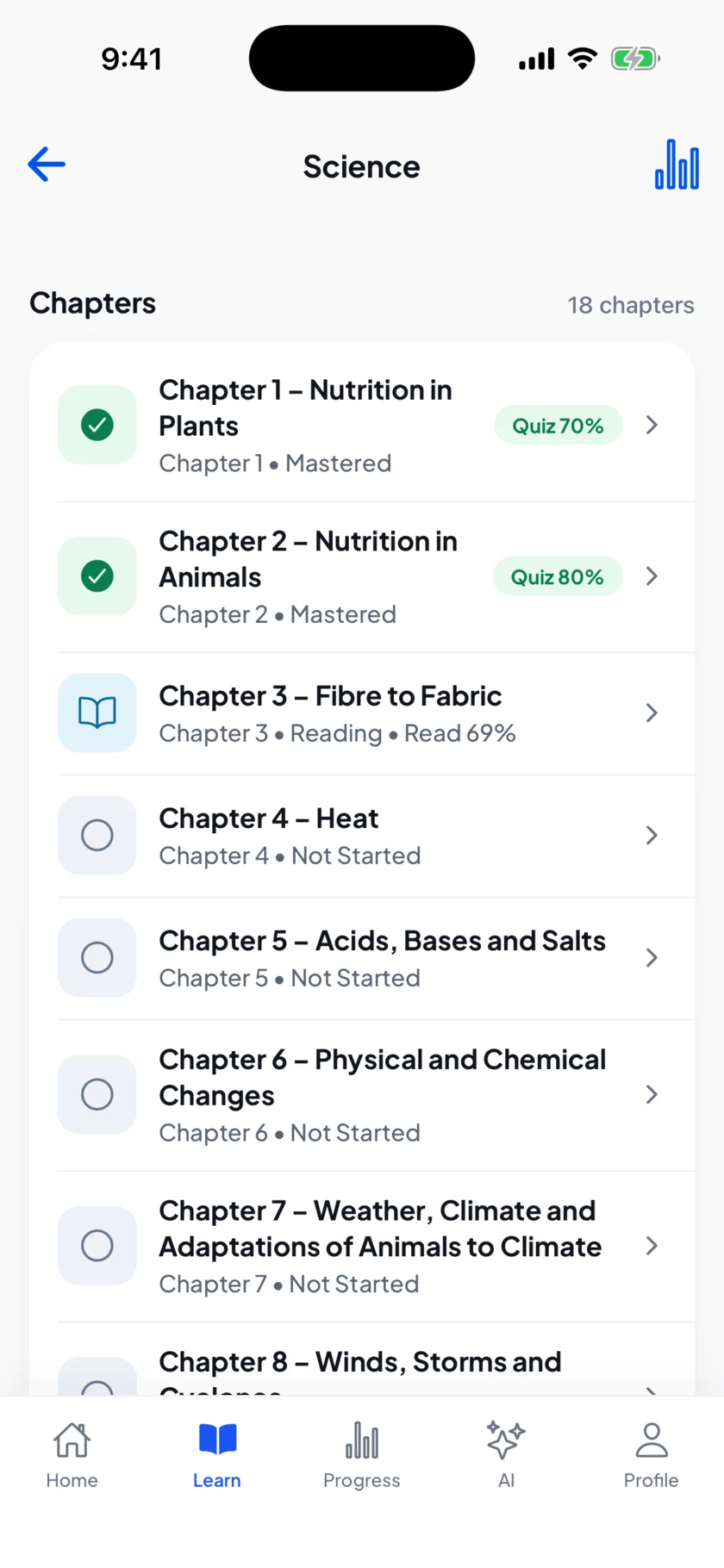 EDII Student app: the chapter list for Science