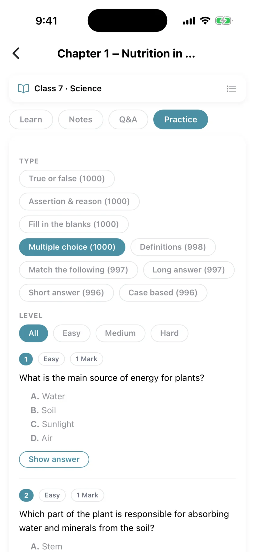 EDII Teacher app: the practice bank for a chapter