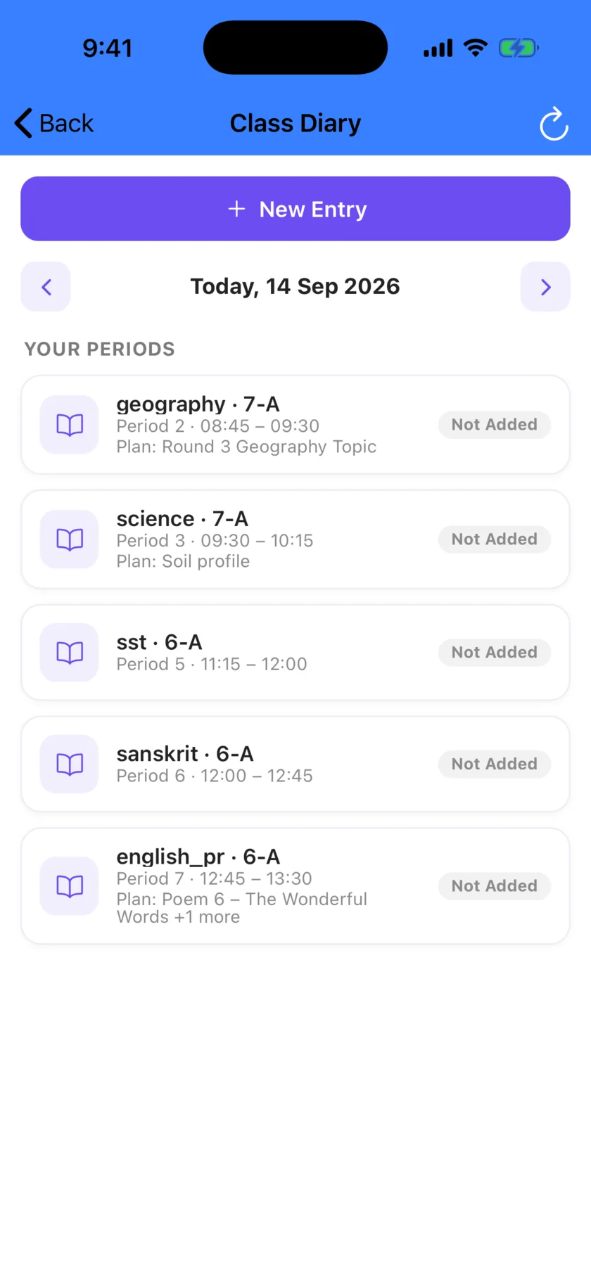 EDII Teacher app: posting a Class Diary entry
