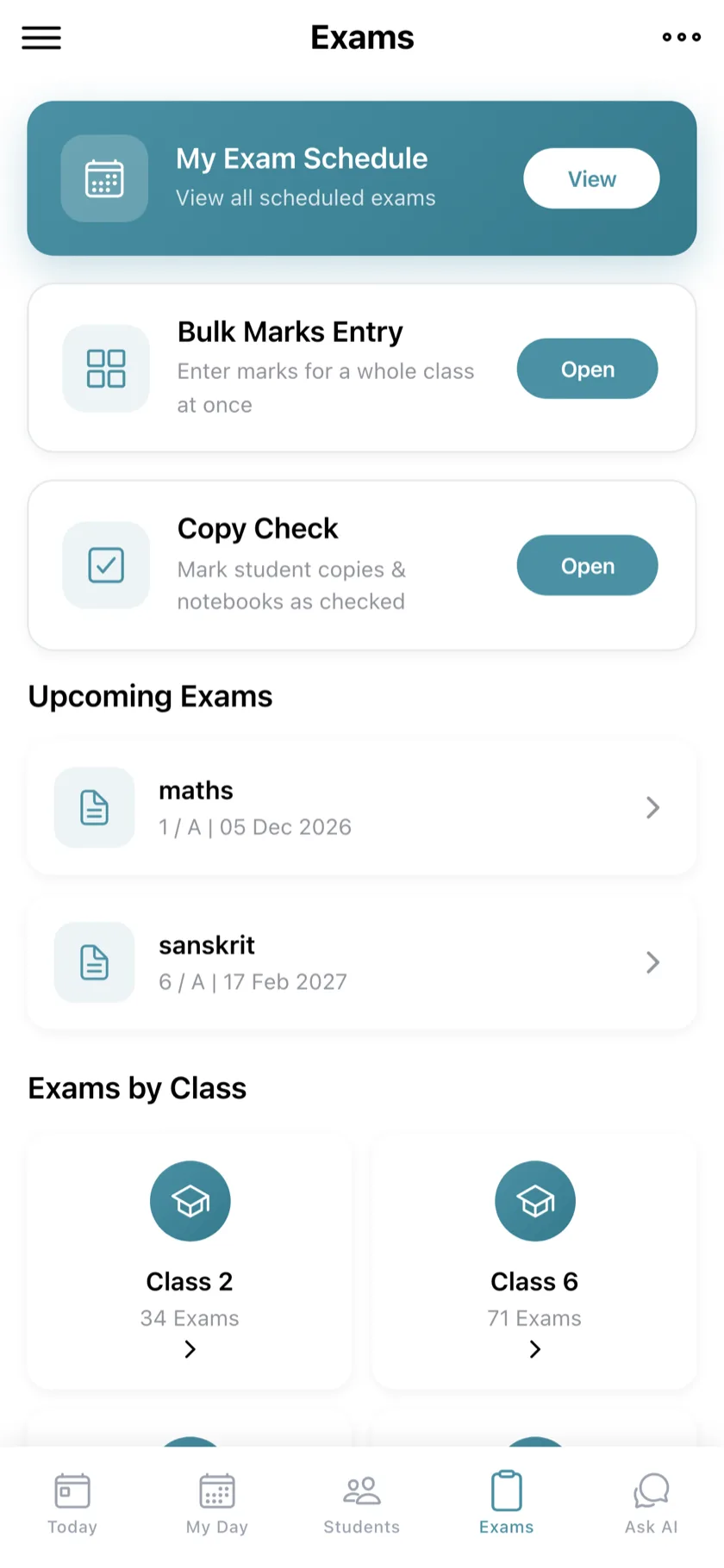 Exams hub in the teacher app