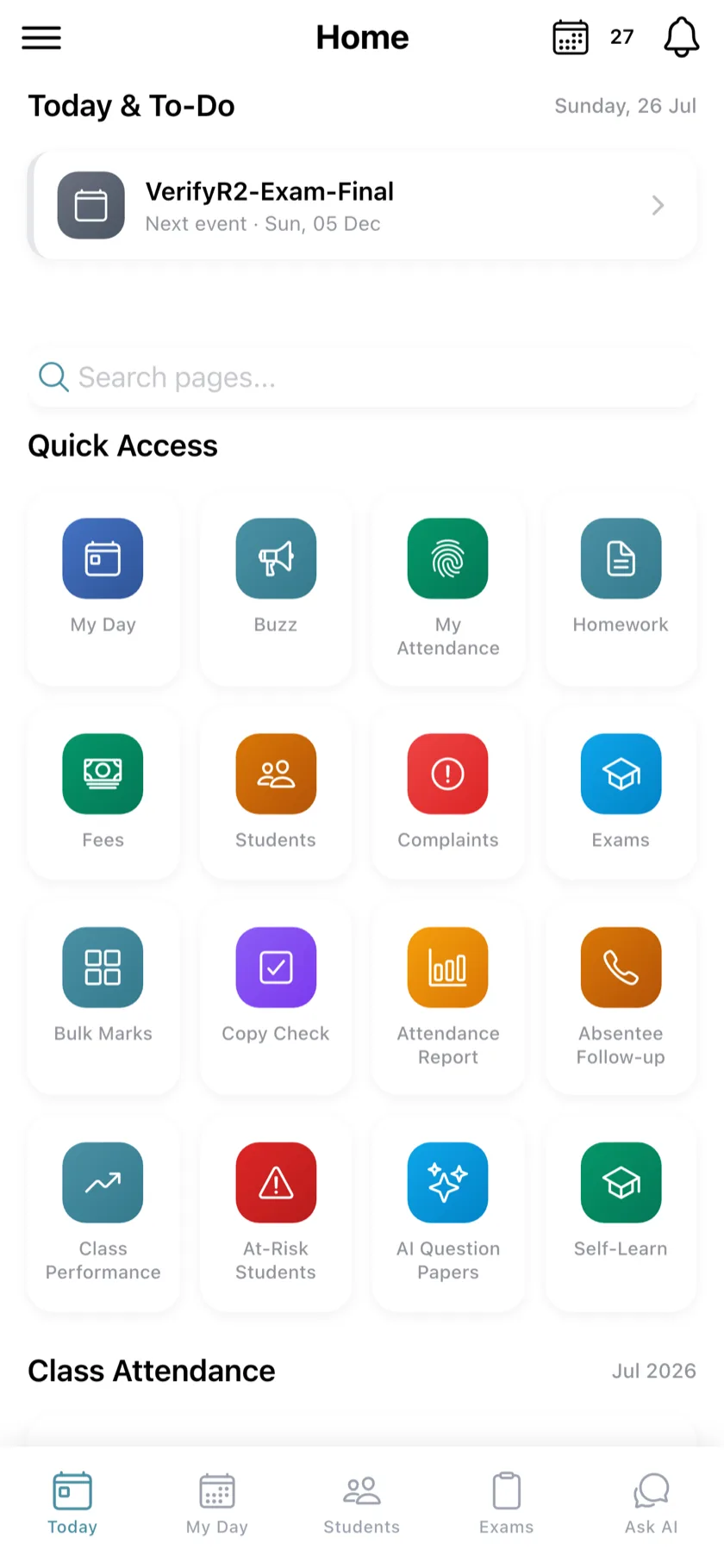 EDII Teacher app — today's classes on the home screen