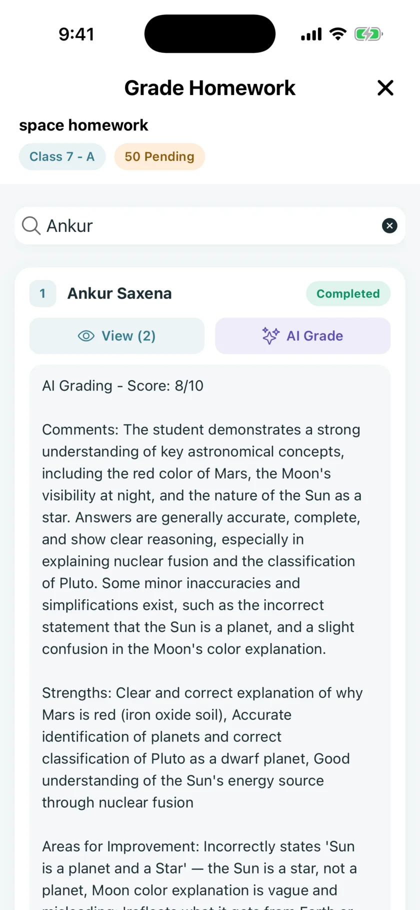 EDII Teacher app: AI grading of a homework submission