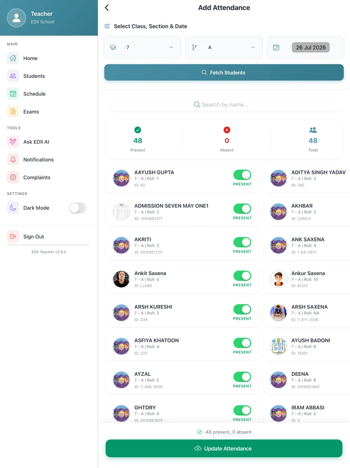 The EDII Teacher attendance register on an iPad, showing a full class of 48 students