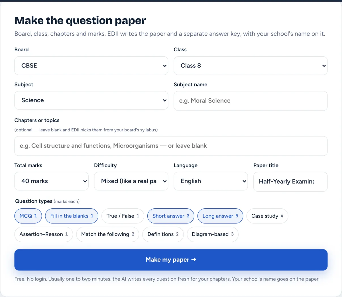 The EDII question paper maker form: board, class, subject, chapters, marks, difficulty, language and question types
