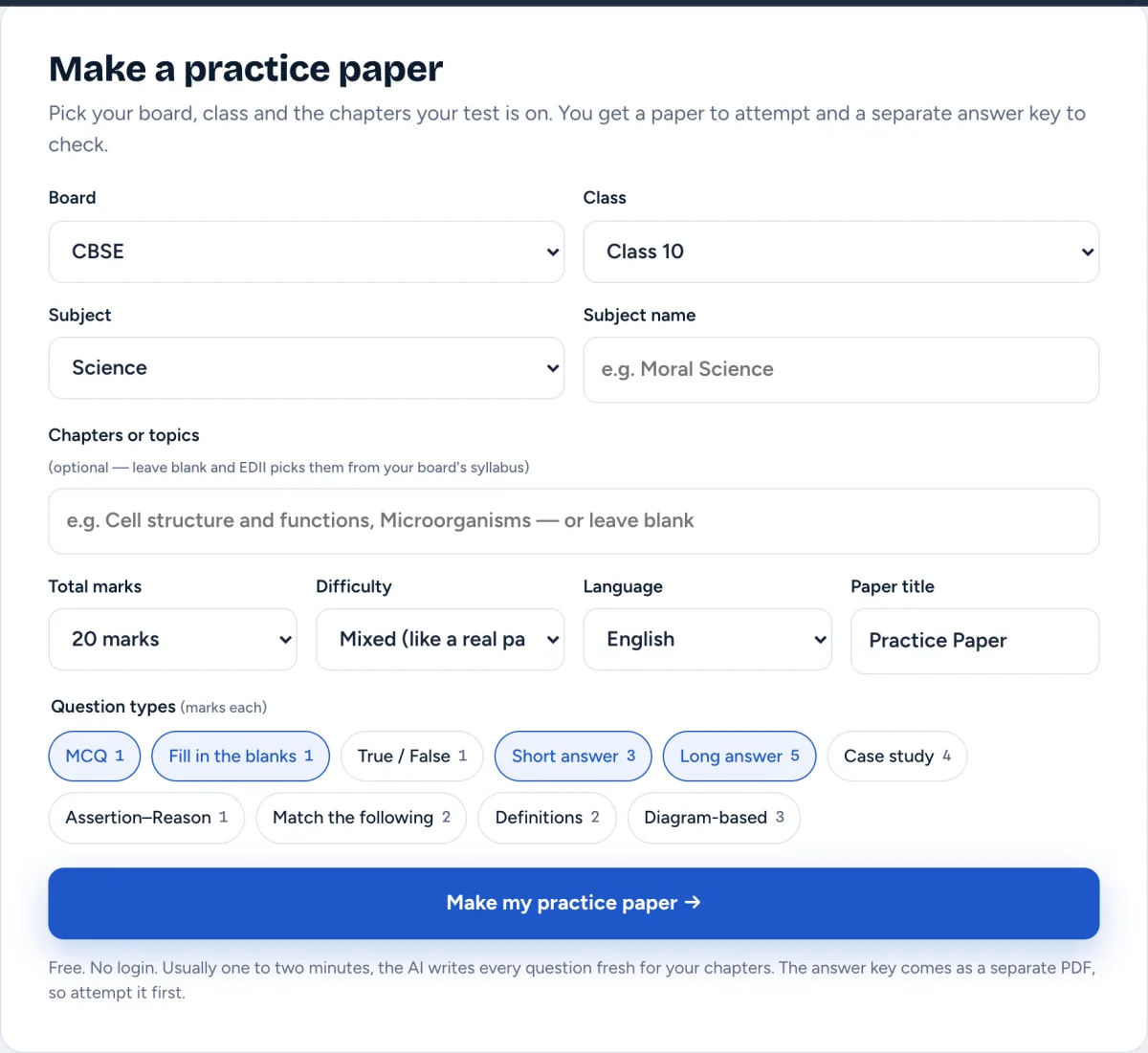 The practice paper tab for students and parents