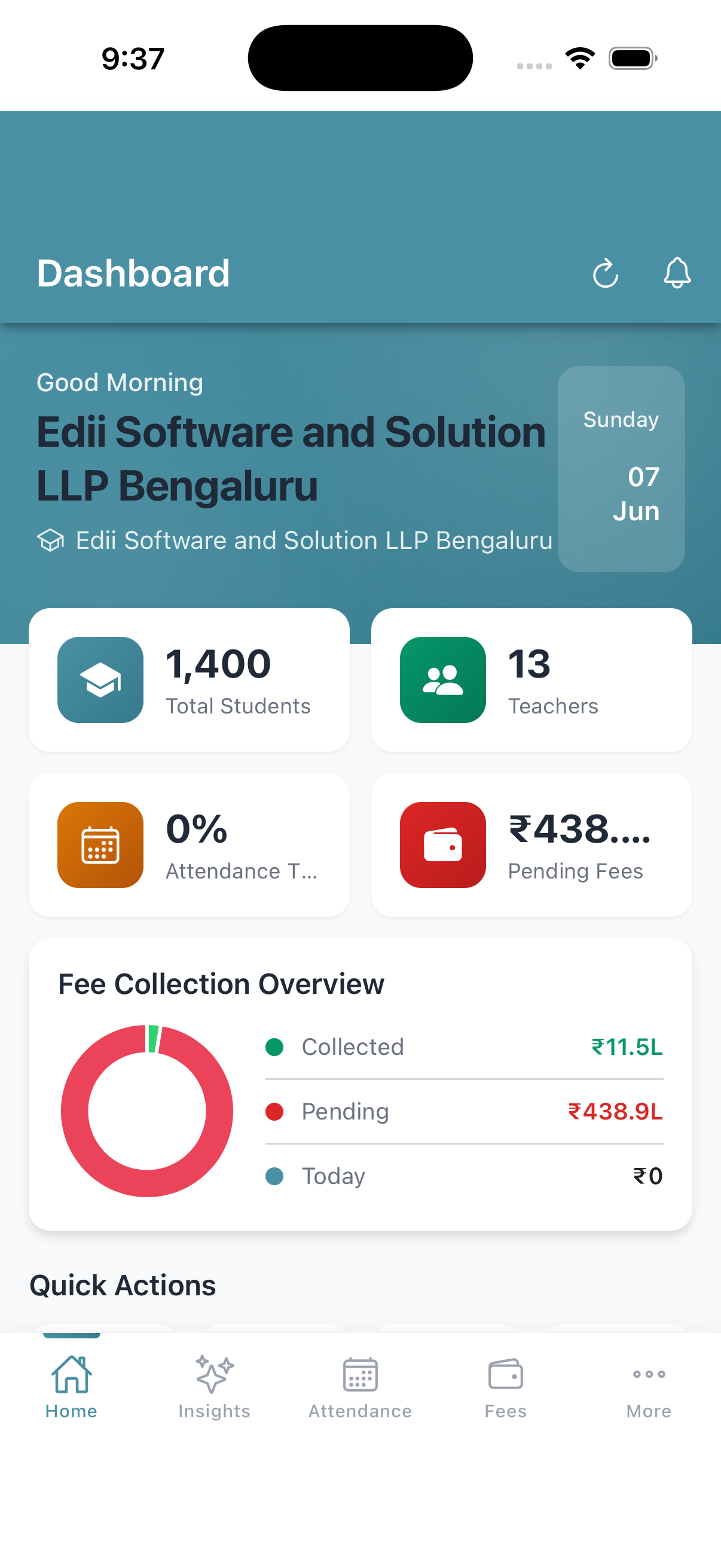 EDII Admin App dashboard showing total students, teachers, attendance and fee collection overview