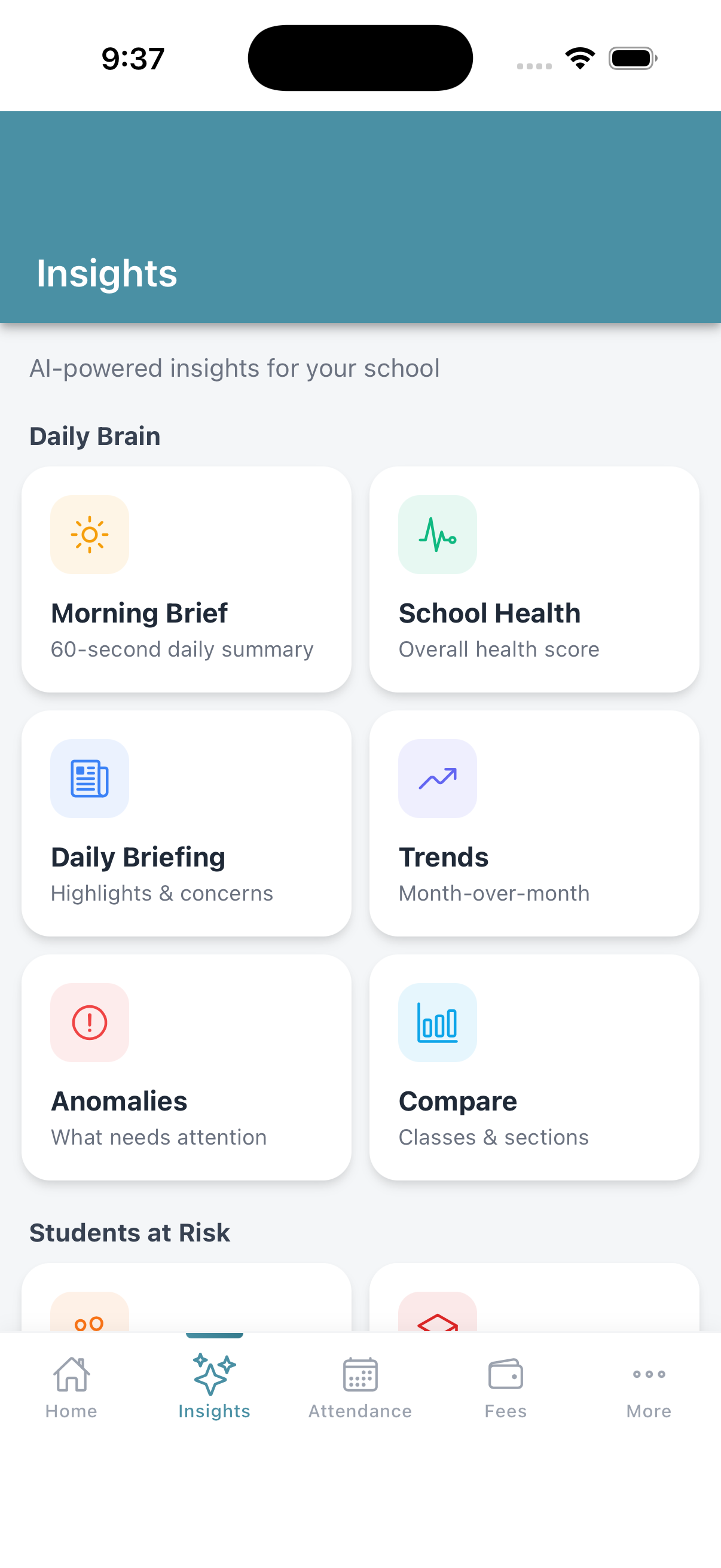 AI Insights tab with Morning Brief, School Health, Daily Briefing, Trends, Anomalies and Compare cards