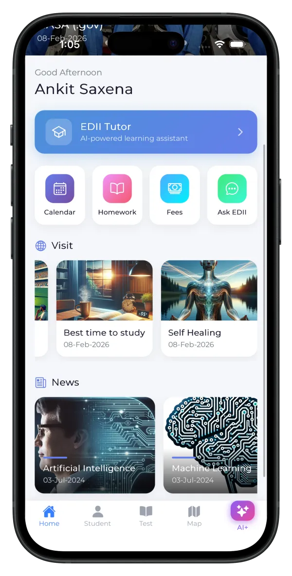 EDII Student app — home with AI tutor