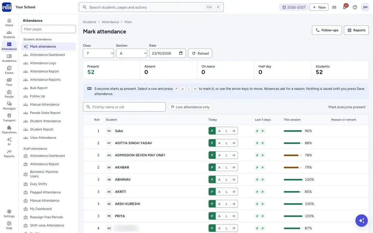 Mark attendance on the web: everyone starts present, with the last five days and the session percentage